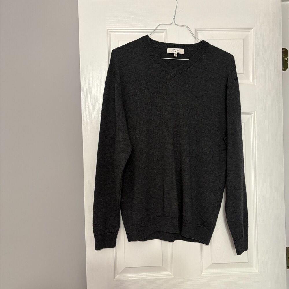 Turnbury Extra Fine Merino Wool Sweater Mens Large Gray V-Neck Pullover